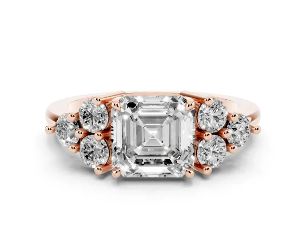 Asscher Cut Brilliant Diamond Cluster Accent Solitaire Ring with Prong Setting Rose gold