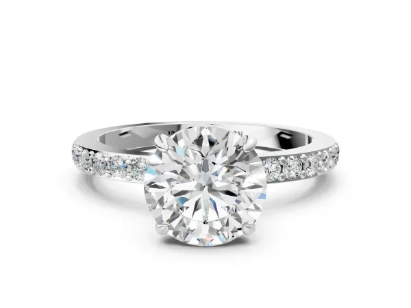 Round Cut Diamond Solitaire Engagement Ring with Pavé Band and Four-Prong Setting Platinum