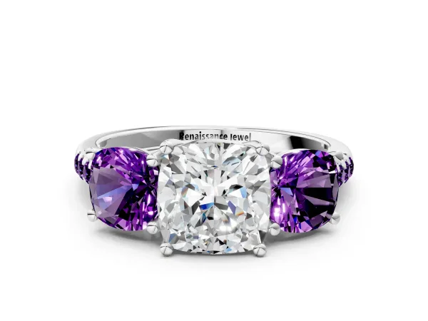 Three-Stone Cushion Cut Diamond Ring with Round Amethyst Pavé Band and Prong Setting Platinum