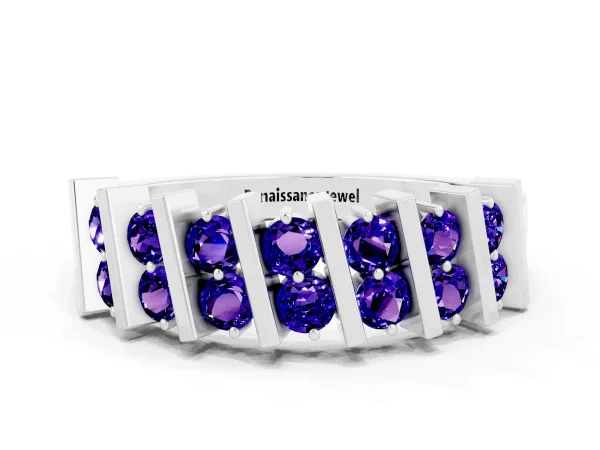 Channel Set Round Tanzanite Anniversary Band with Vertical Prongs Platinum