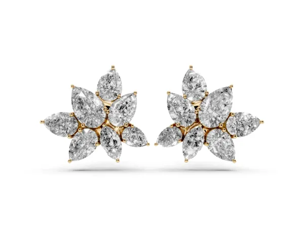 Pear and Marquise Diamond Floral Cluster Stud Earrings Yellow gold