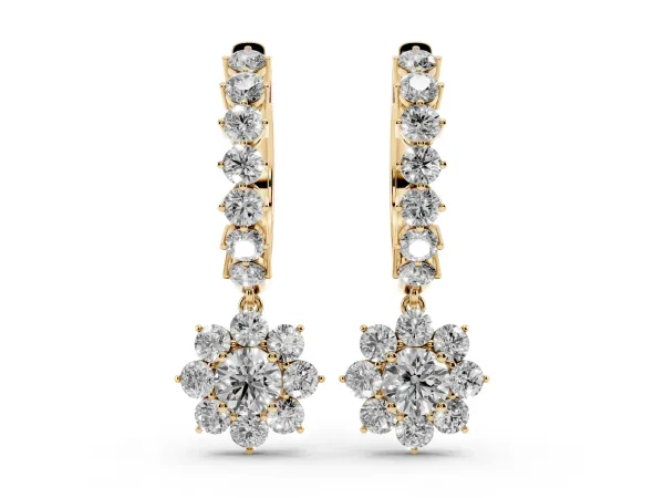 Round Diamond Petite Hoop Earrings with Sunflower Drop Yellow gold
