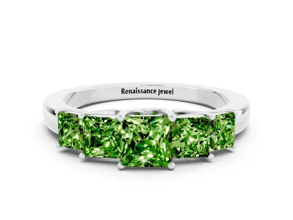 Princess Cut Five-Stone Peridot Ring with Classic Prong Setting Platinum