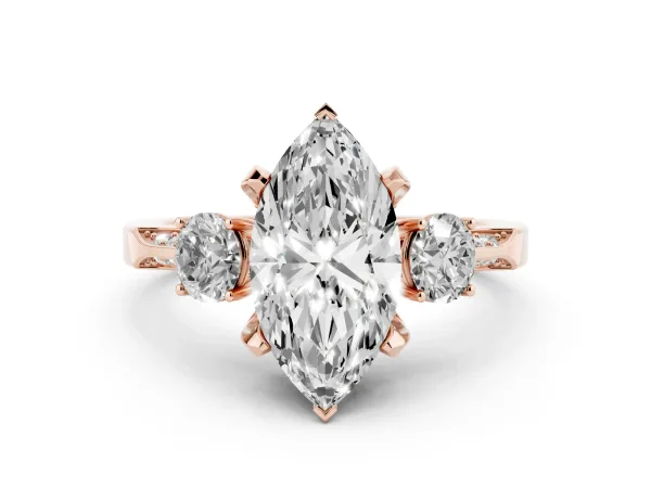 Marquise Cut Brilliant Three-Stone Diamond Ring with Pavé Band and Four-Prong Setting Rose gold