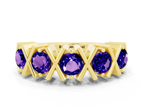 Round Tanzanite Channel Set Band with X-Prong Detail Yellow gold