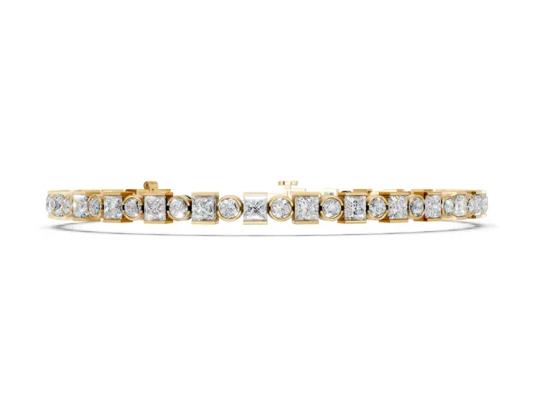 Bezel and Prong Set Round and Princess Cut Diamond Tennis Bracelet Yellow gold