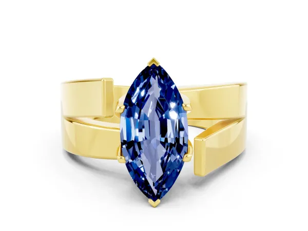 Modern Tension Set Marquise Cut Blue Sapphire Solitaire Wide Band Ring Yellow gold