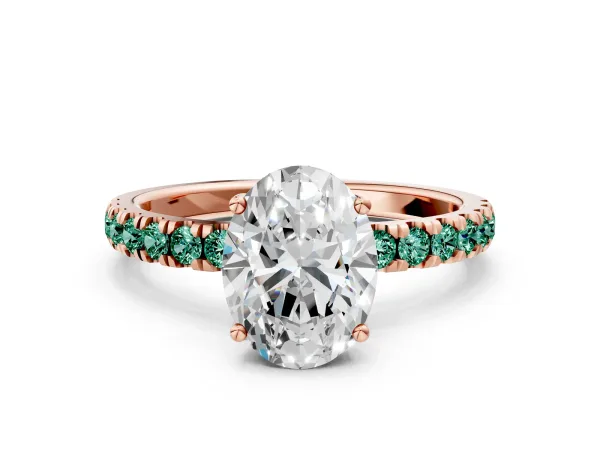 Oval Cut Diamond Pave Band Solitaire Ring with Round Green Sapphire and Prong Setting Rose gold
