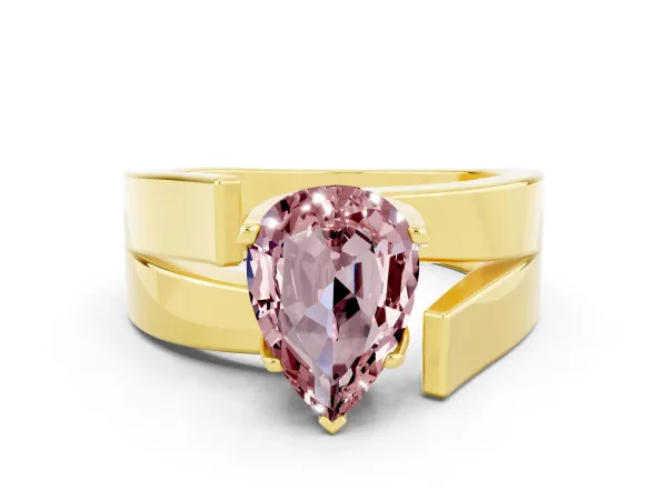 Modern Tension Set Pear Cut Morganite Solitaire Wide Band Ring Yellow gold