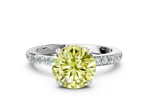 Fancy Yellow Round Cut Diamond Solitaire Engagement Ring with Pavé Band and Four-Prong Setting Platinum