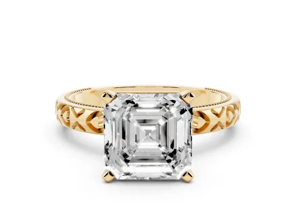 Asscher Cut Solitaire Diamond Engagement Ring with XO Engraved Band and Four-Prong Setting Yellow gold