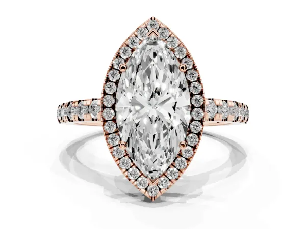 Marquise Cut Diamond Halo Ring with Pavé Band and Four-Prong Setting Rose gold