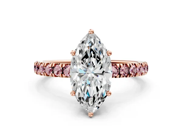Marquise Cut Diamond Pave Band Solitaire Ring with Round Morganite and Prong Setting Rose gold
