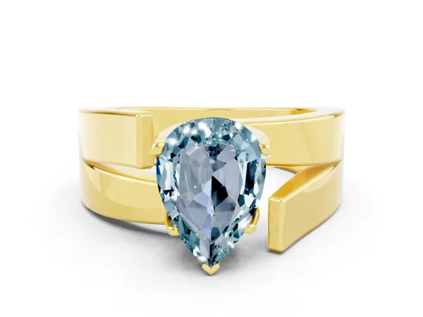 Modern Tension Set Pear Cut Aquamarine Solitaire Wide Band Ring Yellow gold