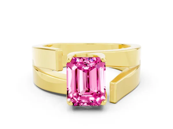 Modern Tension Set Emerald Cut Pink Sapphire Solitaire Wide Band Ring Yellow gold