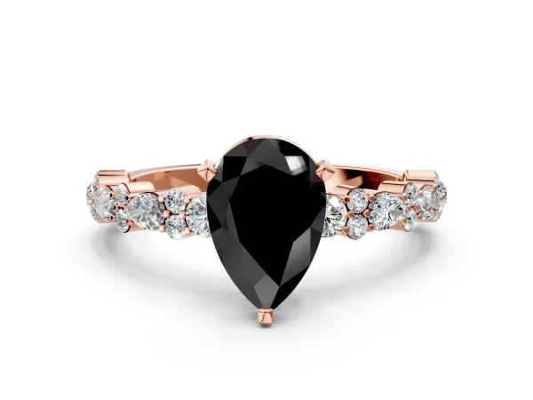 Fancy Black Pear Cut Diamond Side Stone Solitaire Ring with Round and Four-Prong Setting Rose gold