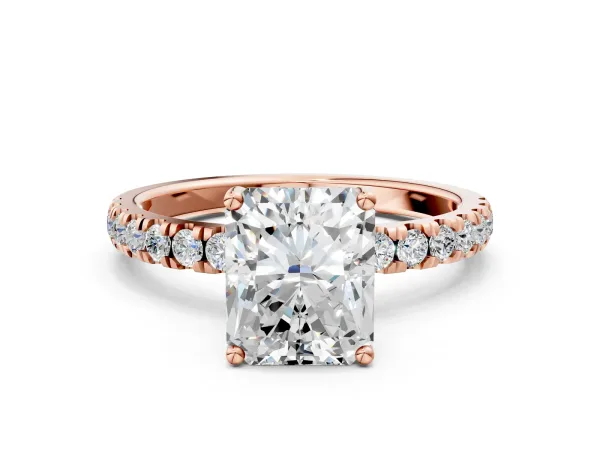 Radiant Cut Diamond Pave Band Solitaire Ring with Round Moissanite and Prong Setting Rose gold