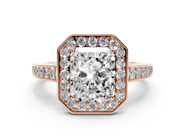 Radiant Cut Halo Pavé Diamond Engagement Ring with Bezel Setting Rose gold