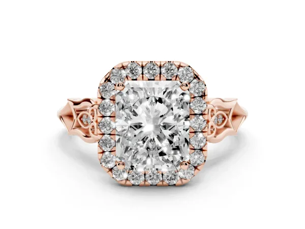 Radiant Cut Halo Diamond Engagement Ring with Filigree Band and Four-Prong Setting Rose gold