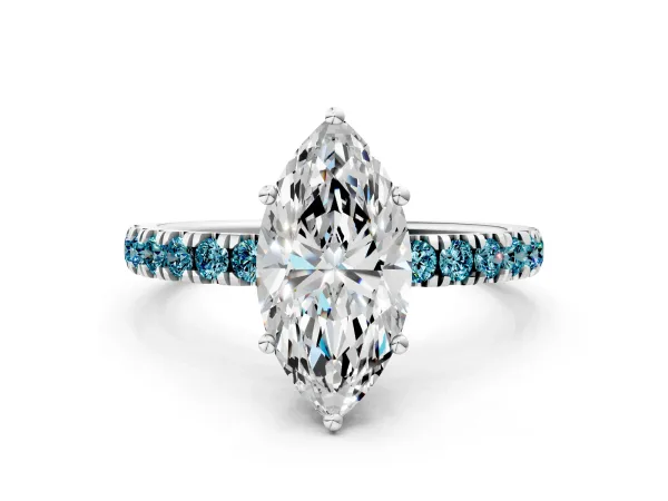 Marquise Cut Diamond Pave Band Solitaire Ring with Round Blue Topaz and Prong Setting White gold