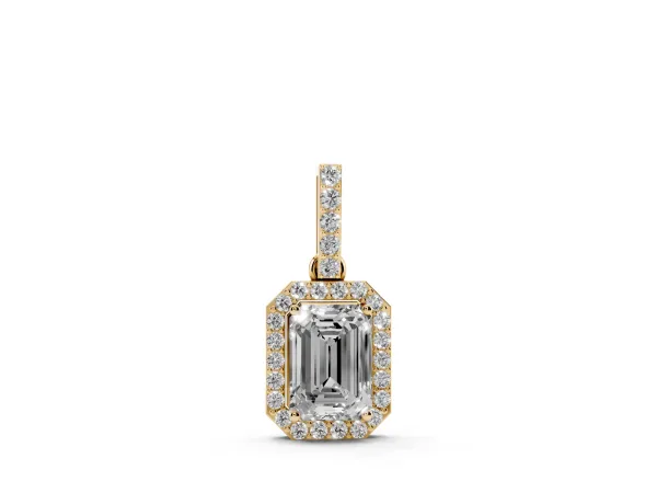 Emerald Cut Halo Diamond Pendant with Prong Setting Yellow gold