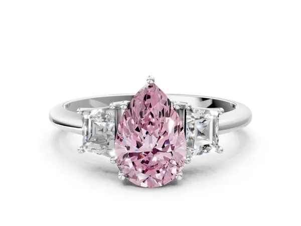 Fancy Pink Pear Cut Diamond Three-Stone Ring with Trapezoid Side Stones and Prong Setting Platinum
