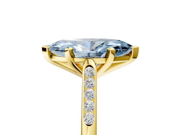 Fancy Blue Marquise Cut Diamond Solitaire Ring with Channel Set Round Band and Prong Setting Yellow gold