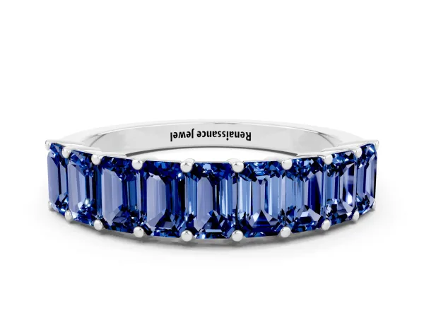 Emerald Cut Blue Sapphire Prong-Set Eternity Band White gold