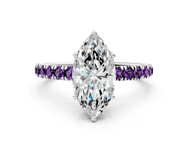 Marquise Cut Diamond Pave Band Solitaire Ring with Round Amethyst and Prong Setting White gold