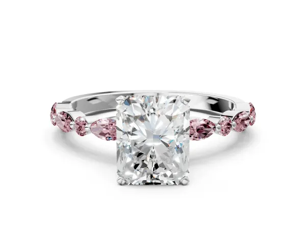 Radiant Cut Diamond Ring with Marquise and Round Morganite Side Stones and Four-Prong Setting Platinum