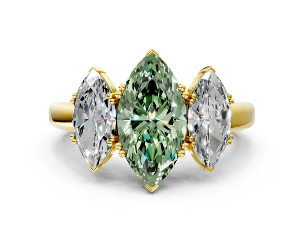 Fancy Green Three-Stone Marquise Cut Cut Diamond Ring with Channel Set Band and Four-Prong Setting Yellow gold