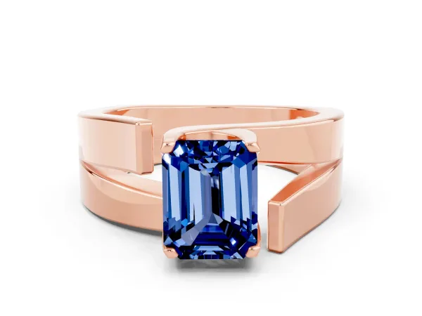 Modern Tension Set Emerald Cut Blue Sapphire Solitaire Wide Band Ring Rose gold