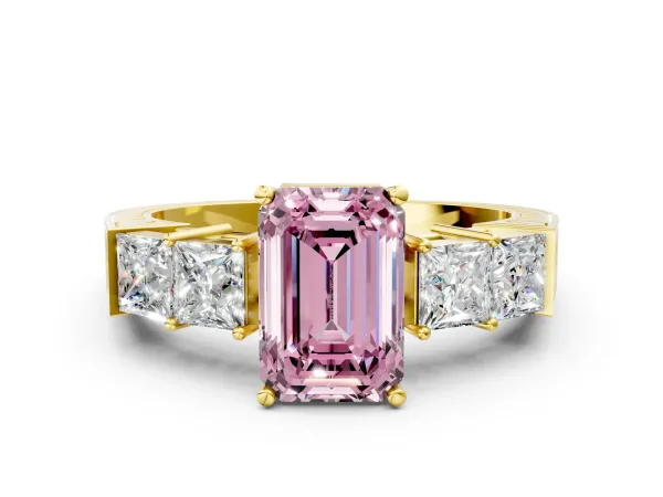 Fancy Pink Emerald Cut Solitaire Princess Side Stone Engraved Band Prong Setting Ring Yellow gold