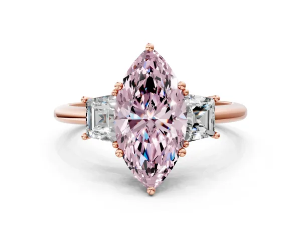 Fancy Pink Marquise Cut Diamond Three-Stone Ring with Trapezoid Side Stones and Prong Setting Rose gold