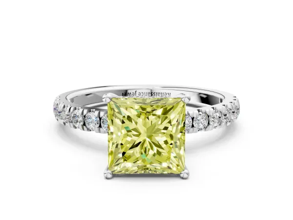Fancy Yellow Princess Cut Diamond Pave Band Solitaire Ring with Round and Prong Setting Platinum