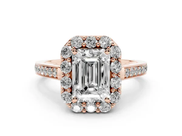 Emerald Cut Diamond Floral Halo Ring with Pavé Band and Prong Setting Rose gold