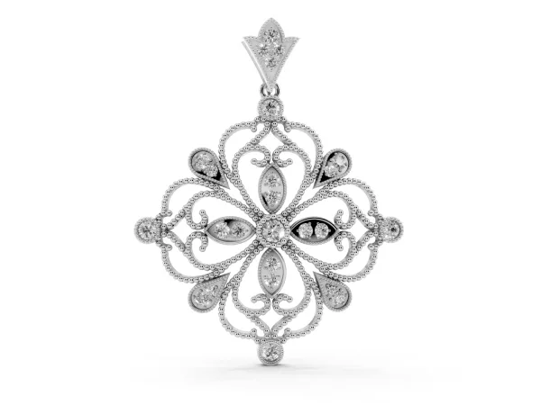 Vintage Floral Diamond Pendant with Round Brilliant Cut and Pavé Setting Silver