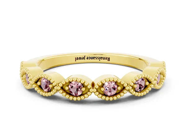 Milgrain Marquise Morganite Half Eternity Band with Bezel Setting Yellow gold