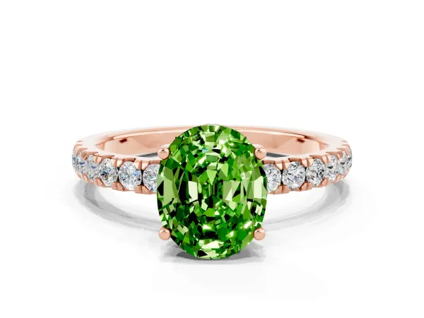 Oval Cut Peridot Pave Band Solitaire Ring with Round and Prong Setting Rose gold