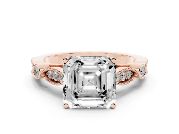 Asscher Cut Cut Diamond with Milgrain Marquise and Bezel Accents on a Solitaire Band with Prong Setting Rose gold