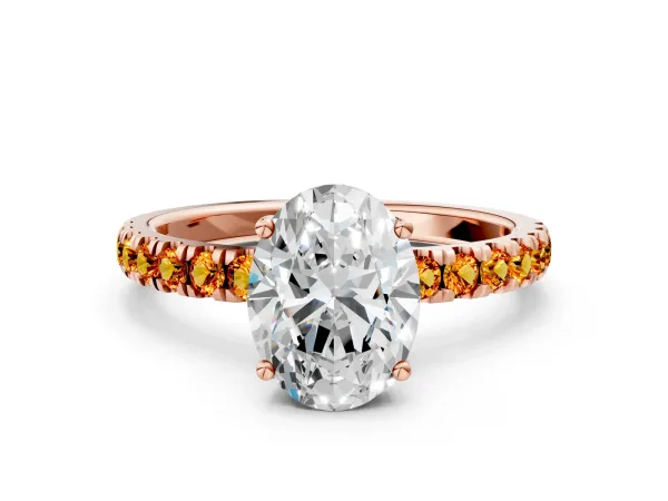 Oval Cut Diamond Pave Band Solitaire Ring with Round Citrine and Prong Setting Rose gold