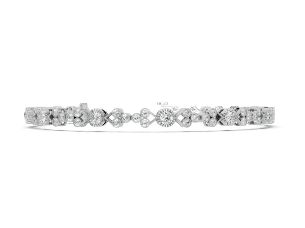 Round Cut Diamond Tennis Bracelet with Bezel Setting and Milgrain Band White gold