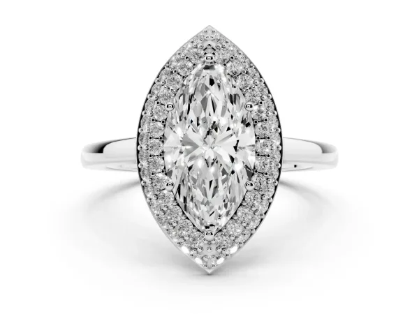 Marquise Cut Halo Diamond Engagement Ring with Solitaire Band and Four-Prong Setting White gold