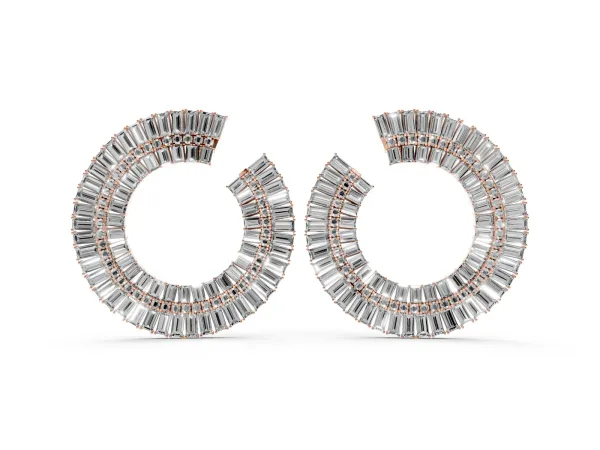 Baguette and Round Diamond Fanned Hoop Earrings Rose gold