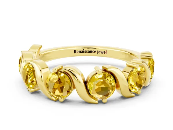 Round Yellow Sapphire Half Eternity Band with Wave Prong Setting Yellow gold