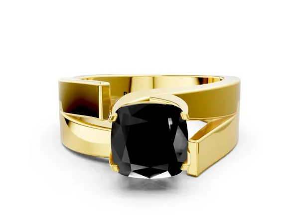 Fancy Black Modern Tension Set Cushion Cut Diamond Solitaire Wide Band Ring Yellow gold