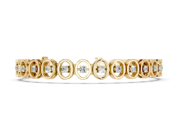 Oval Bezel Set Round Diamond Tennis Bracelet with Four-Prong Setting Yellow gold