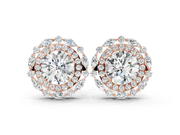 Round Diamond Double Halo Stud Earrings with Prong Setting Rose gold