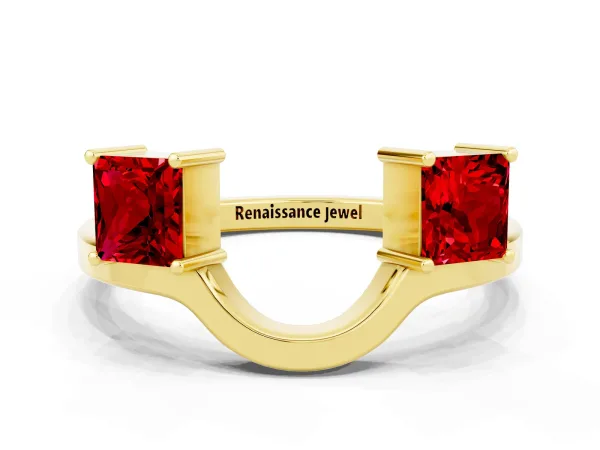 Princess Cut Ruby Two-Stone Open Band Ring with Four-Prong Setting Yellow gold