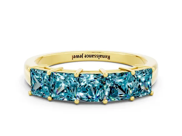 Princess Cut Five-Stone Blue Topaz Band with Prong Setting Yellow gold